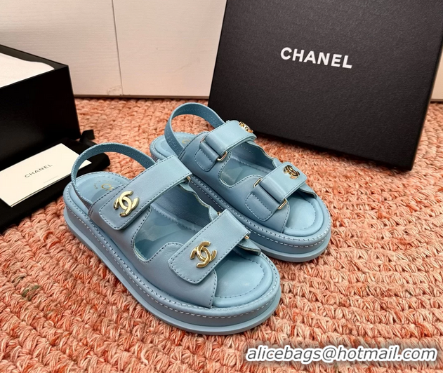 Buy Discount Chanel CC Dad Light Blue Leather Platform Sandals 6052101