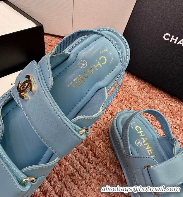 Buy Discount Chanel CC Dad Light Blue Leather Platform Sandals 6052101