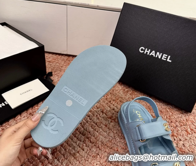 Buy Discount Chanel CC Dad Light Blue Leather Platform Sandals 6052101