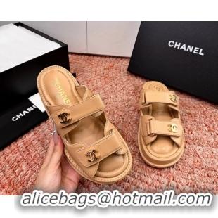 Comfortable Chanel CC Dad Dark Beige Leather Platform Slides Sandals 6052101