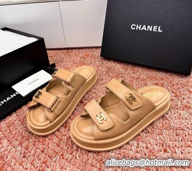 Comfortable Chanel CC Dad Dark Beige Leather Platform Slides Sandals 6052101