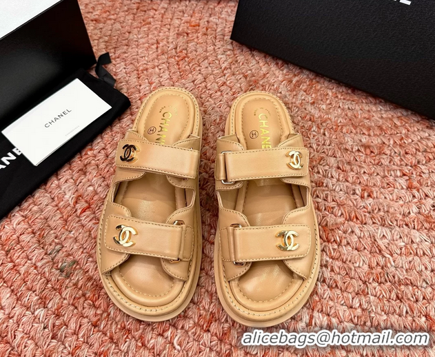 Comfortable Chanel CC Dad Dark Beige Leather Platform Slides Sandals 6052101