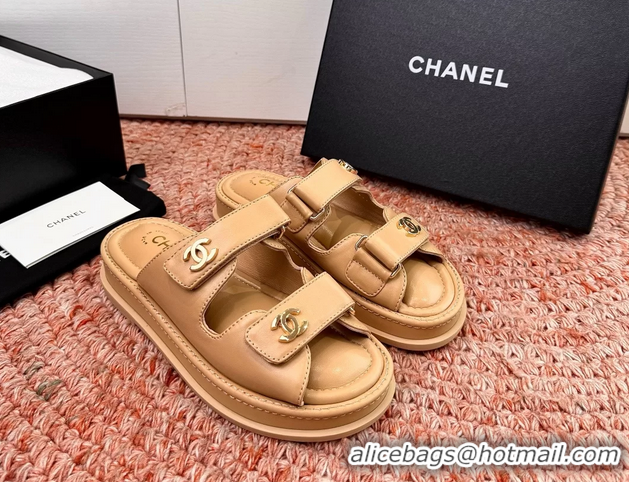 Comfortable Chanel CC Dad Dark Beige Leather Platform Slides Sandals 6052101