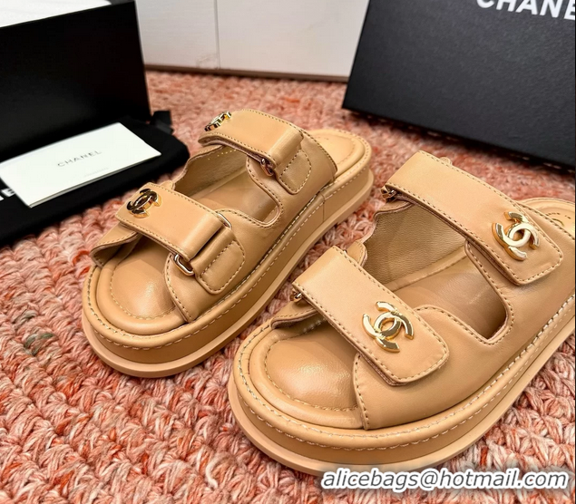 Comfortable Chanel CC Dad Dark Beige Leather Platform Slides Sandals 6052101