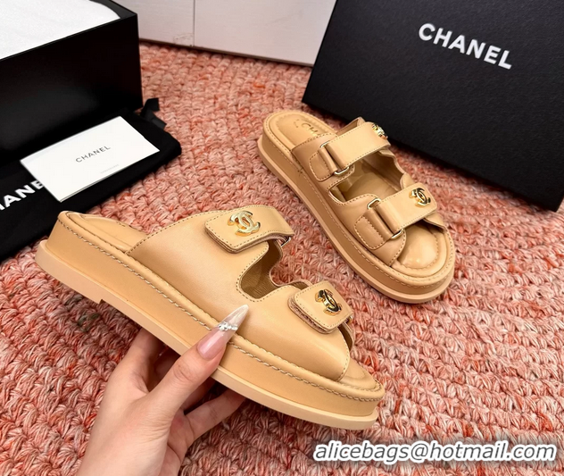 Comfortable Chanel CC Dad Dark Beige Leather Platform Slides Sandals 6052101