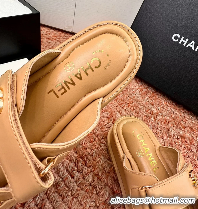 Comfortable Chanel CC Dad Dark Beige Leather Platform Slides Sandals 6052101