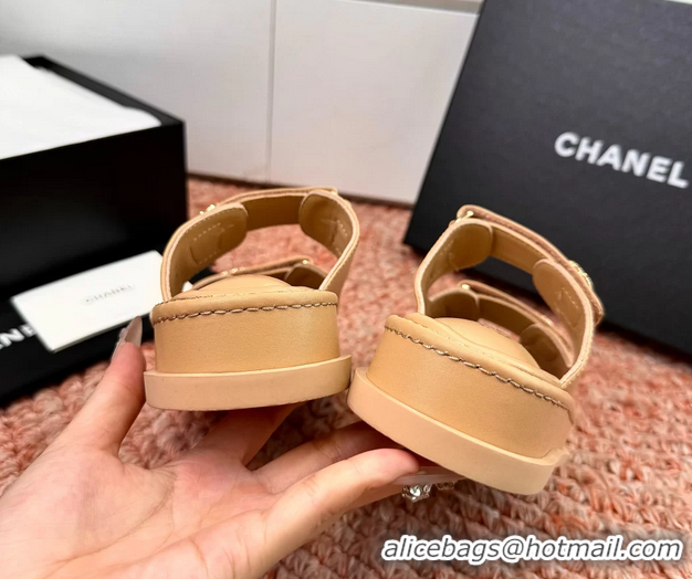 Comfortable Chanel CC Dad Dark Beige Leather Platform Slides Sandals 6052101