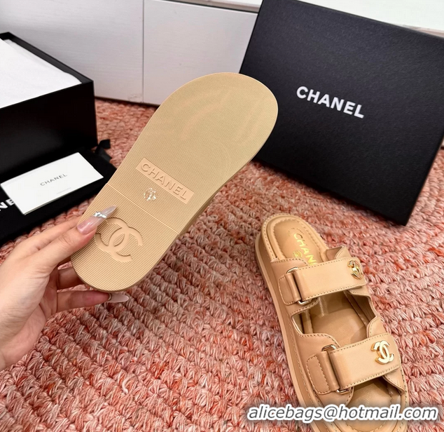 Comfortable Chanel CC Dad Dark Beige Leather Platform Slides Sandals 6052101