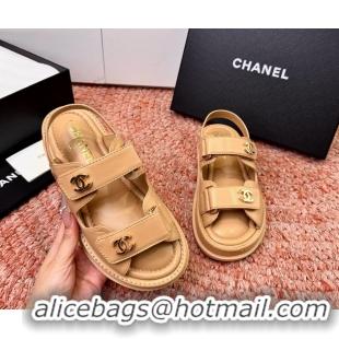 Crafted Chanel CC Dad Dark Beige Leather Platform Sandals 6052101