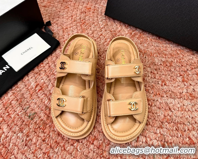 Crafted Chanel CC Dad Dark Beige Leather Platform Sandals 6052101