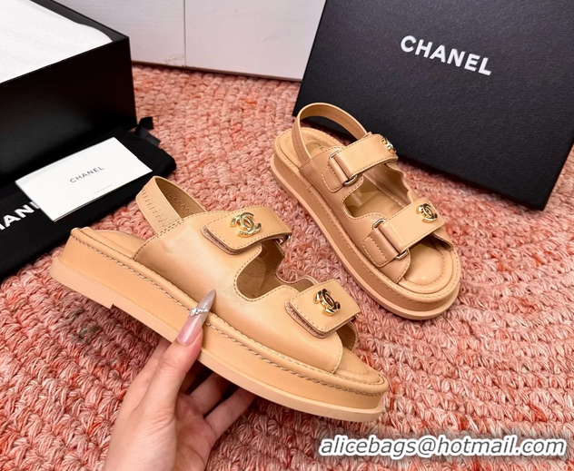 Crafted Chanel CC Dad Dark Beige Leather Platform Sandals 6052101