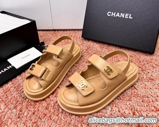 Crafted Chanel CC Dad Dark Beige Leather Platform Sandals 6052101