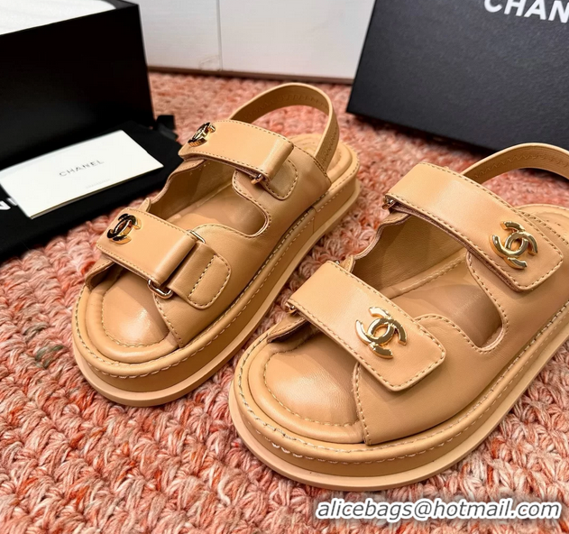 Crafted Chanel CC Dad Dark Beige Leather Platform Sandals 6052101