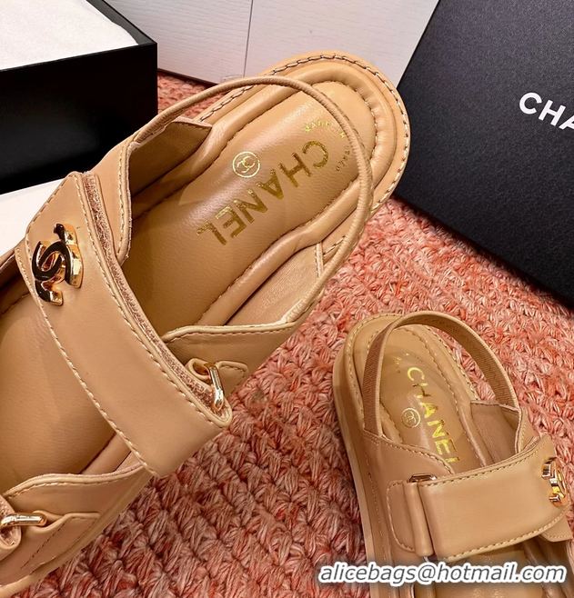 Crafted Chanel CC Dad Dark Beige Leather Platform Sandals 6052101