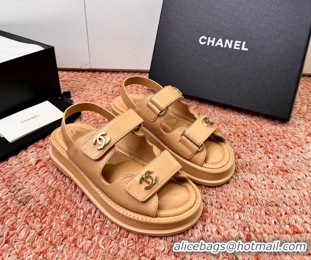 Crafted Chanel CC Dad Dark Beige Leather Platform Sandals 6052101