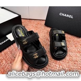 Buy New Cheap Chanel CC Dad Black Leather Platform Slides Sandals 6052101