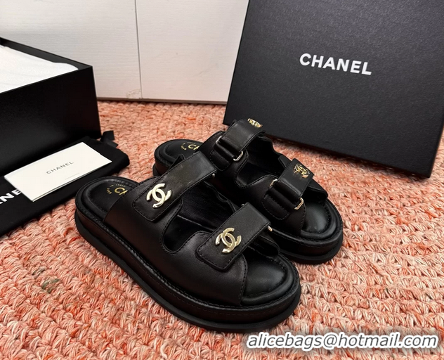 Buy New Cheap Chanel CC Dad Black Leather Platform Slides Sandals 6052101