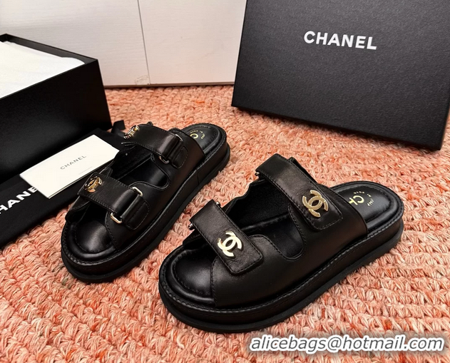 Buy New Cheap Chanel CC Dad Black Leather Platform Slides Sandals 6052101