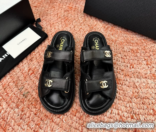 Buy New Cheap Chanel CC Dad Black Leather Platform Slides Sandals 6052101