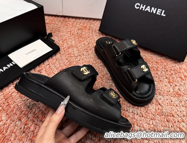 Buy New Cheap Chanel CC Dad Black Leather Platform Slides Sandals 6052101