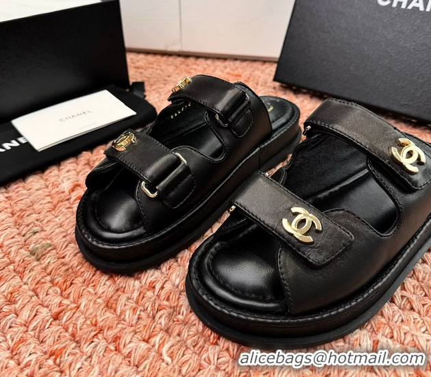 Buy New Cheap Chanel CC Dad Black Leather Platform Slides Sandals 6052101