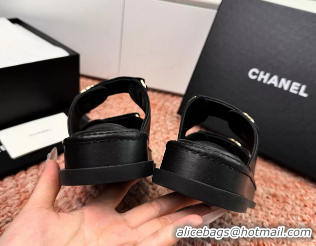 Buy New Cheap Chanel CC Dad Black Leather Platform Slides Sandals 6052101