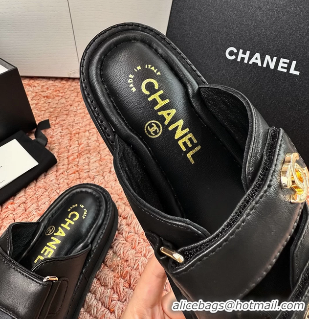 Buy New Cheap Chanel CC Dad Black Leather Platform Slides Sandals 6052101