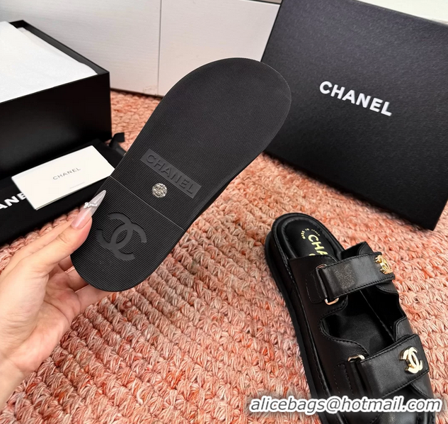 Buy New Cheap Chanel CC Dad Black Leather Platform Slides Sandals 6052101