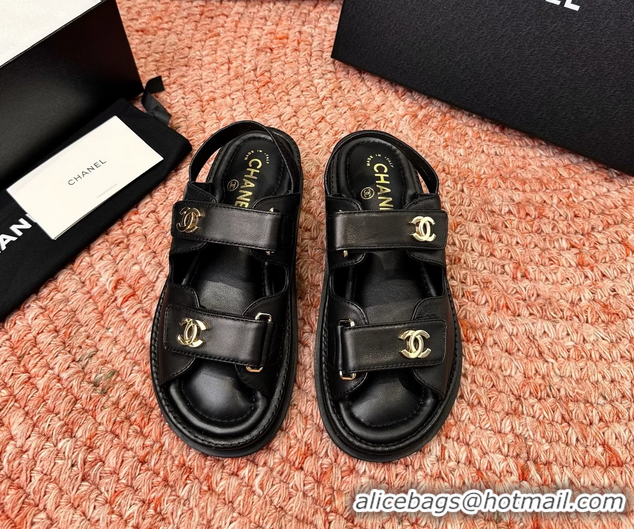 Fashion Chanel CC Dad Black Leather Platform Sandals 6052101