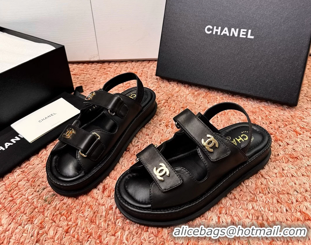 Fashion Chanel CC Dad Black Leather Platform Sandals 6052101