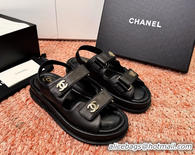 Fashion Chanel CC Dad Black Leather Platform Sandals 6052101