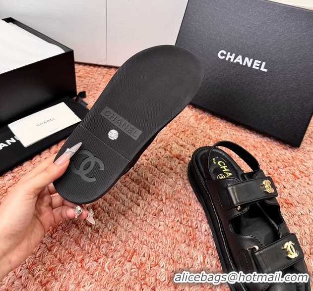 Fashion Chanel CC Dad Black Leather Platform Sandals 6052101