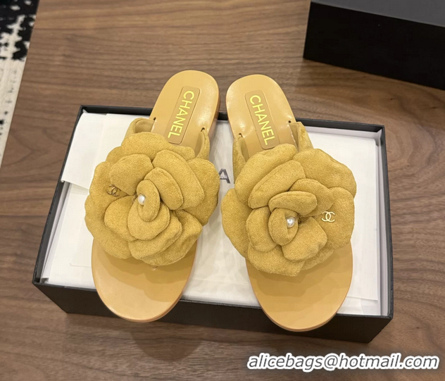 Durable Chanel Yellow Camellia Flower Flat Thong Sandals 6052102