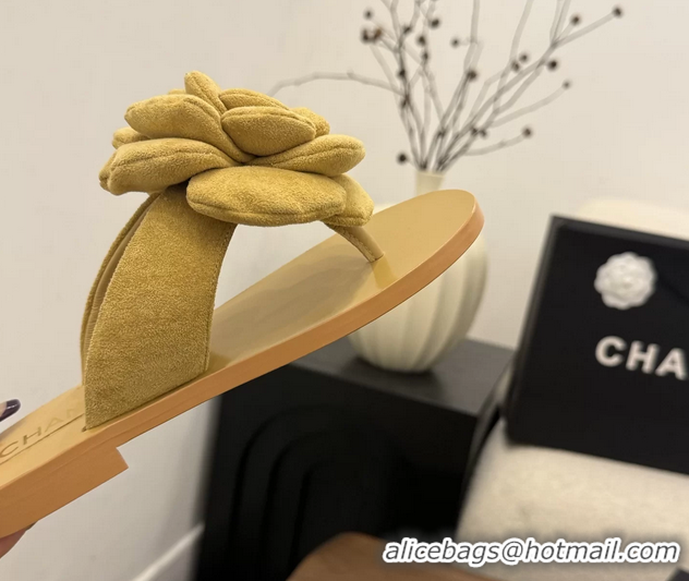 Durable Chanel Yellow Camellia Flower Flat Thong Sandals 6052102