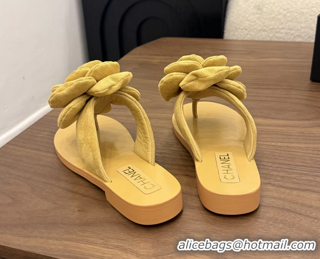Durable Chanel Yellow Camellia Flower Flat Thong Sandals 6052102