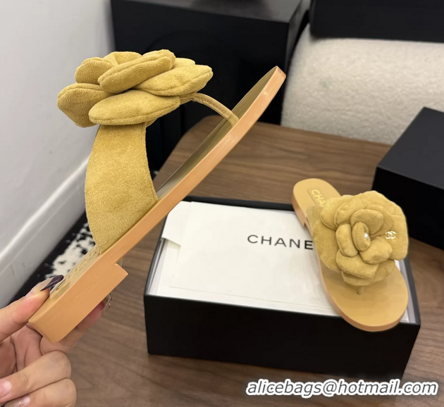 Durable Chanel Yellow Camellia Flower Flat Thong Sandals 6052102
