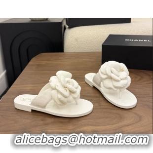 Buy Cheapest Chanel White Camellia Flower Flat Thong Sandals 6052102