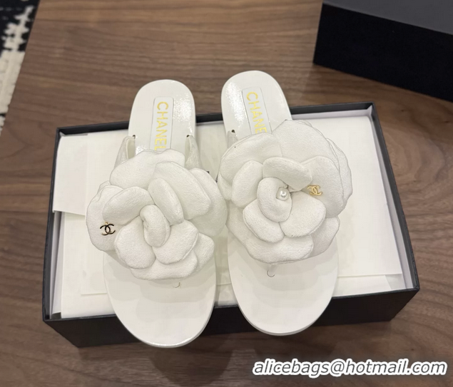 Buy Cheapest Chanel White Camellia Flower Flat Thong Sandals 6052102