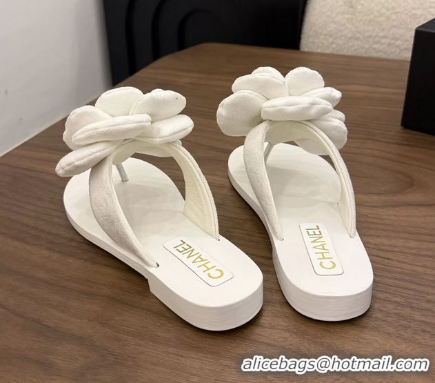 Buy Cheapest Chanel White Camellia Flower Flat Thong Sandals 6052102