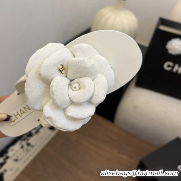 Buy Cheapest Chanel White Camellia Flower Flat Thong Sandals 6052102