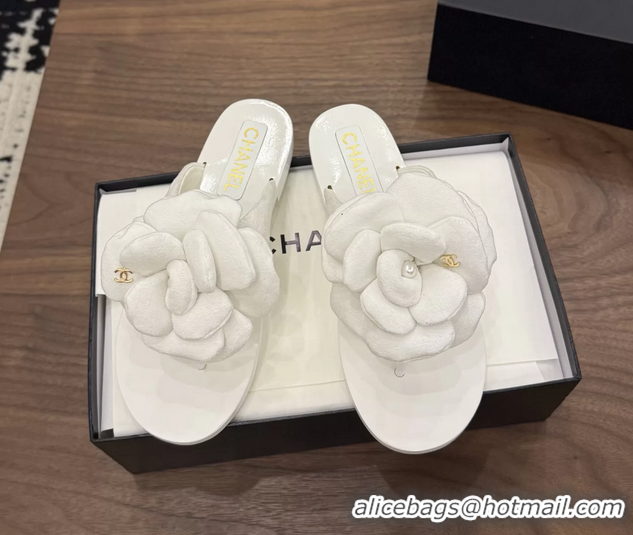 Buy Cheapest Chanel White Camellia Flower Flat Thong Sandals 6052102
