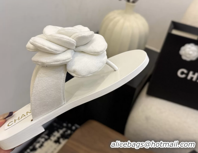 Buy Cheapest Chanel White Camellia Flower Flat Thong Sandals 6052102
