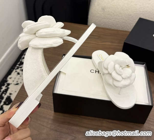 Buy Cheapest Chanel White Camellia Flower Flat Thong Sandals 6052102