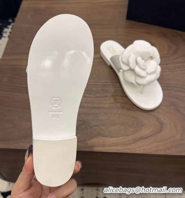 Buy Cheapest Chanel White Camellia Flower Flat Thong Sandals 6052102