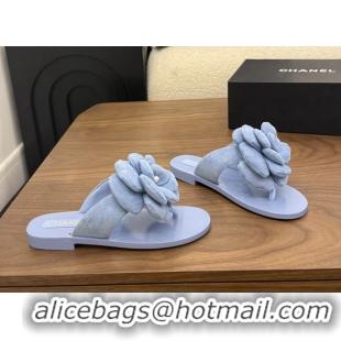 Low Price Chanel Light Blue Camellia Flower Flat Thong Sandals 6052102