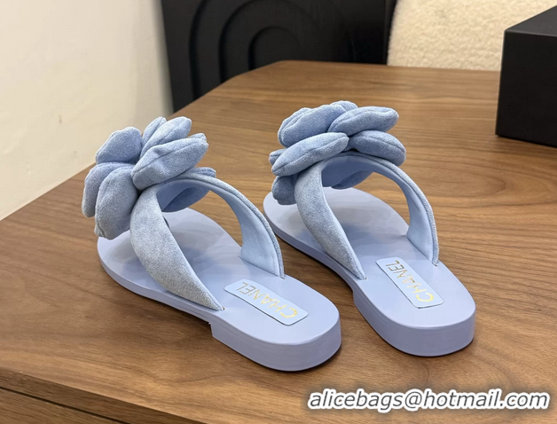 Low Price Chanel Light Blue Camellia Flower Flat Thong Sandals 6052102
