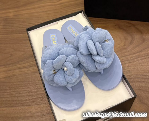 Low Price Chanel Light Blue Camellia Flower Flat Thong Sandals 6052102