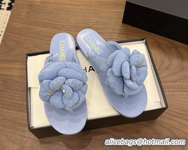 Low Price Chanel Light Blue Camellia Flower Flat Thong Sandals 6052102