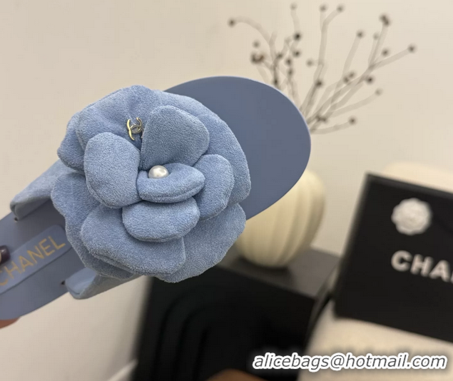Low Price Chanel Light Blue Camellia Flower Flat Thong Sandals 6052102