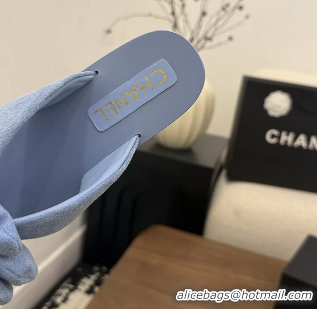 Low Price Chanel Light Blue Camellia Flower Flat Thong Sandals 6052102